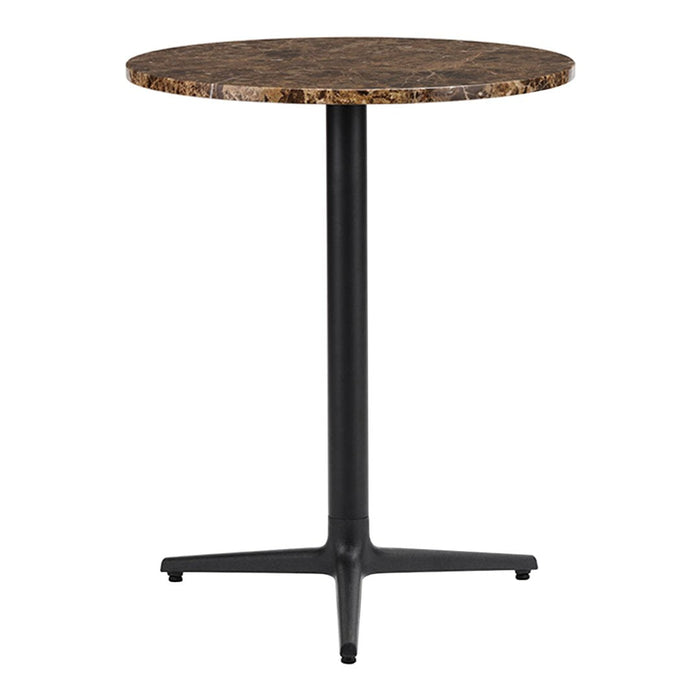 Round table with a dark marble top featuring golden veining and a sleek black metal base. Ideal for modern decor.
