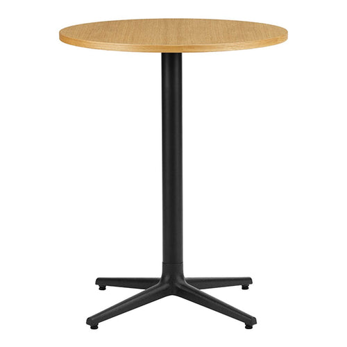 Round wooden table with a natural oak finish and a sleek black metal base. Minimalist design suitable for any decor.