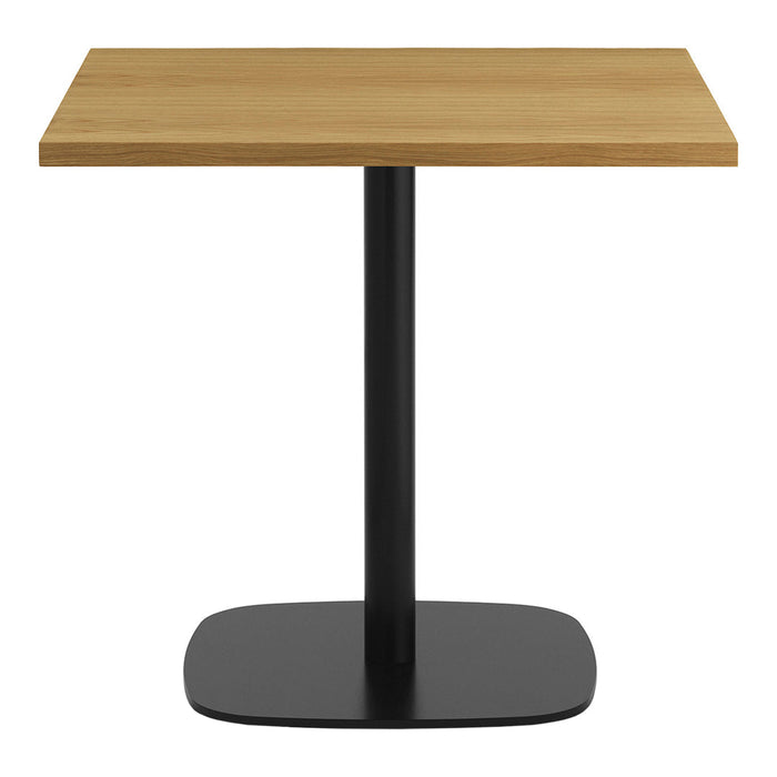 "Light oak tabletop with a sleek black metal base, perfect for modern decor."
