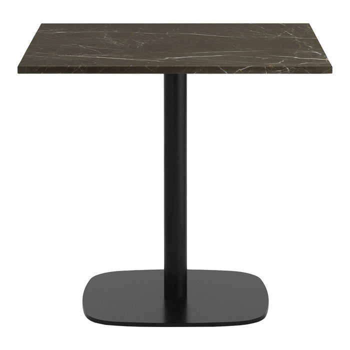 Dark marble tabletop with gray veining on a sleek black pedestal base. Minimalist design in neutral tones.