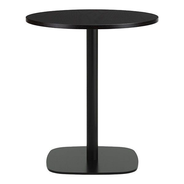 Round, solid black table with a sleek pedestal base, perfect for modern decor. Simple, minimalist design.