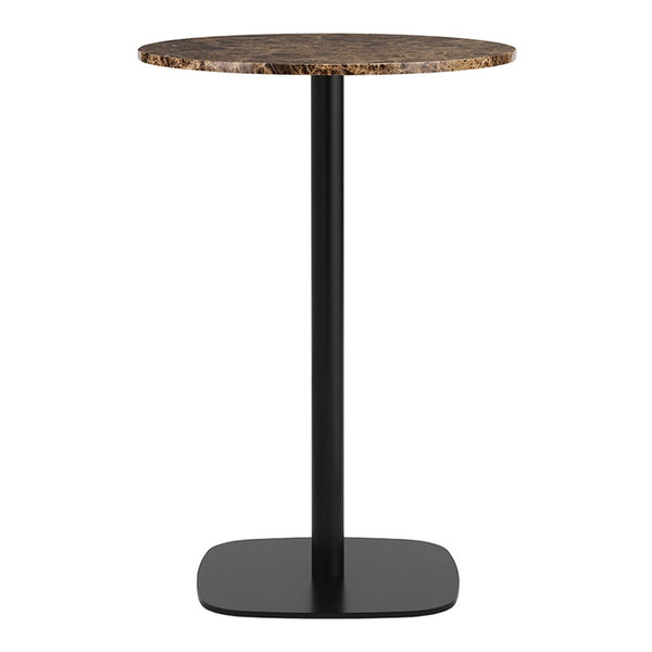 Black metal base and a round, brown marble top table with subtle gold veining. Perfect for modern decor.
