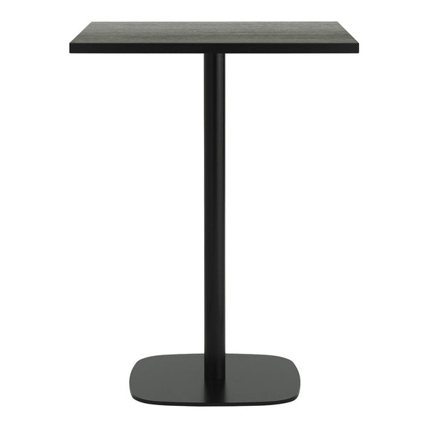 Black modern table with a sleek, minimalist design and a square top. Ideal for contemporary decor.