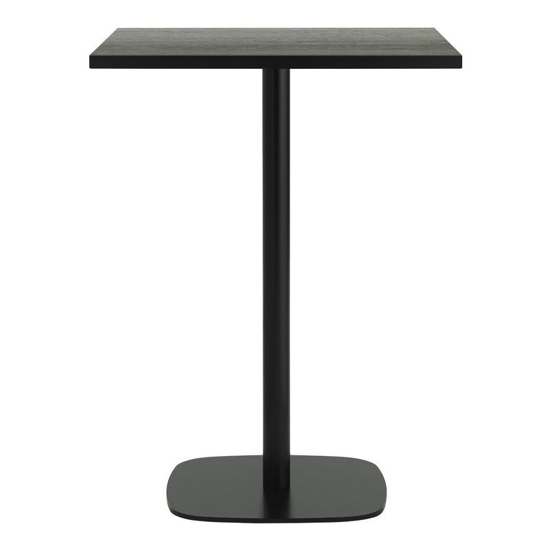 Black modern table with a sleek, minimalist design and a square top. Ideal for contemporary decor.