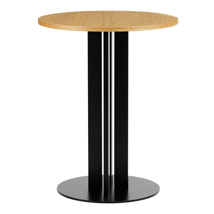 Round oak tabletop with sleek black metal base, featuring minimalist design for modern decor.