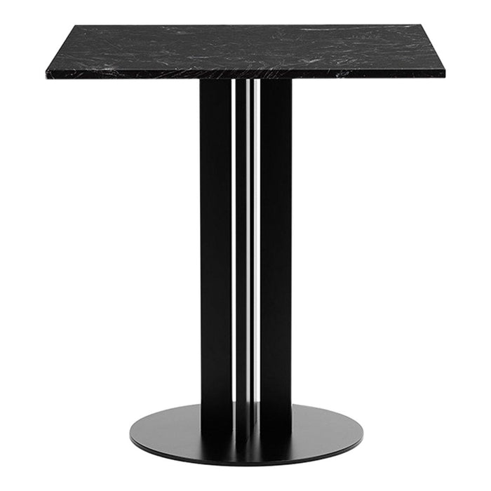 Black marble tabletop with a sleek black metal base; modern, minimalist design. Ideal for contemporary spaces.