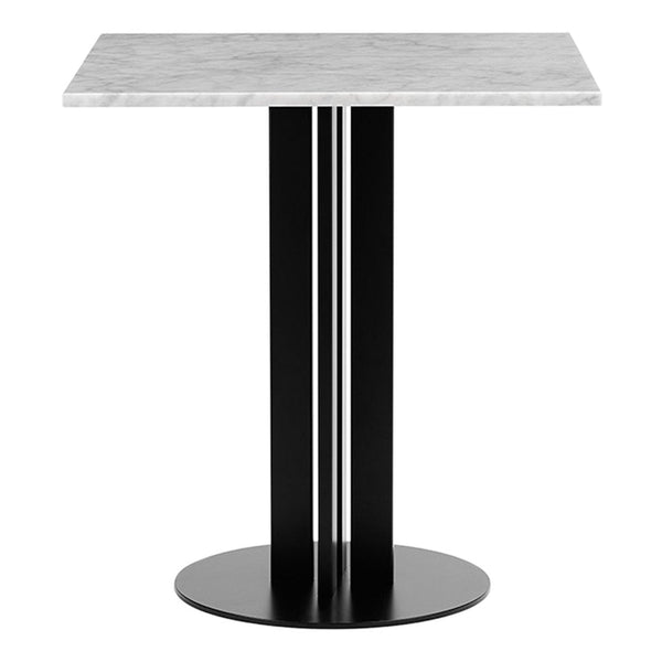 Square table with a sleek white marble top and a modern black metal base featuring two vertical accents.