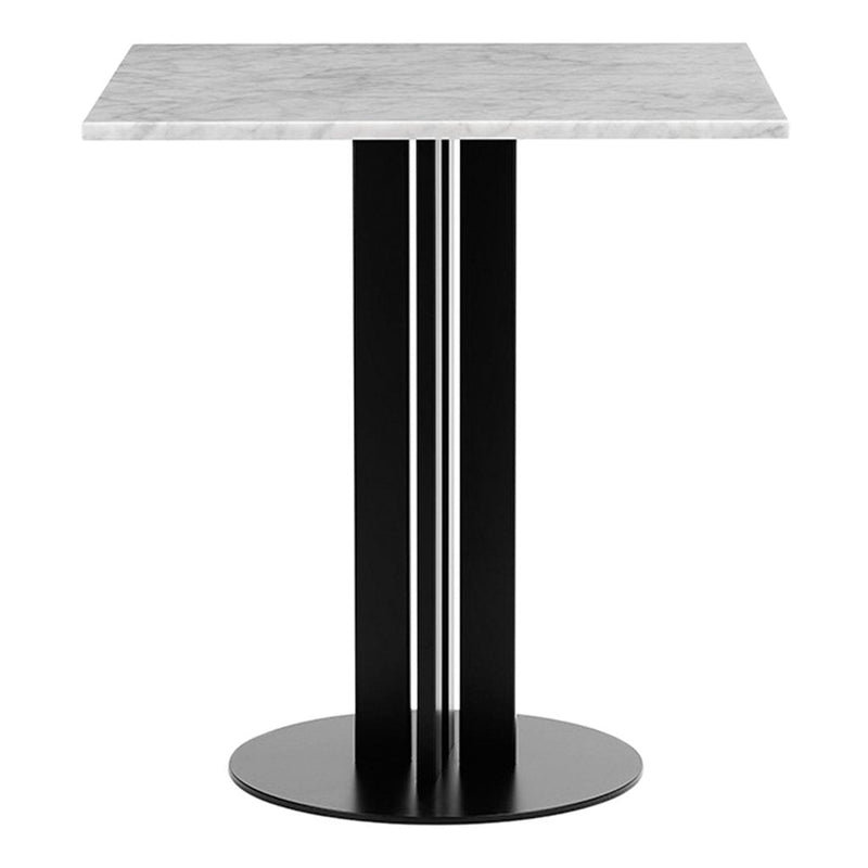 Square table with a sleek white marble top and a modern black metal base featuring two vertical accents.