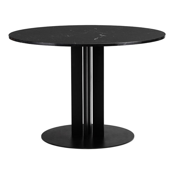 Round black marble table with a sleek, minimalistic design and subtle white veining patterns. Perfect for modern decor.