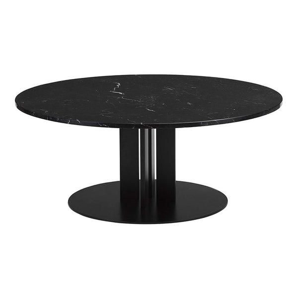 Black marble round coffee table with a sleek black base, featuring elegant patterns for a modern touch.
