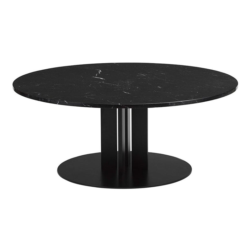 Black marble round coffee table with a sleek black base, featuring elegant patterns for a modern touch.