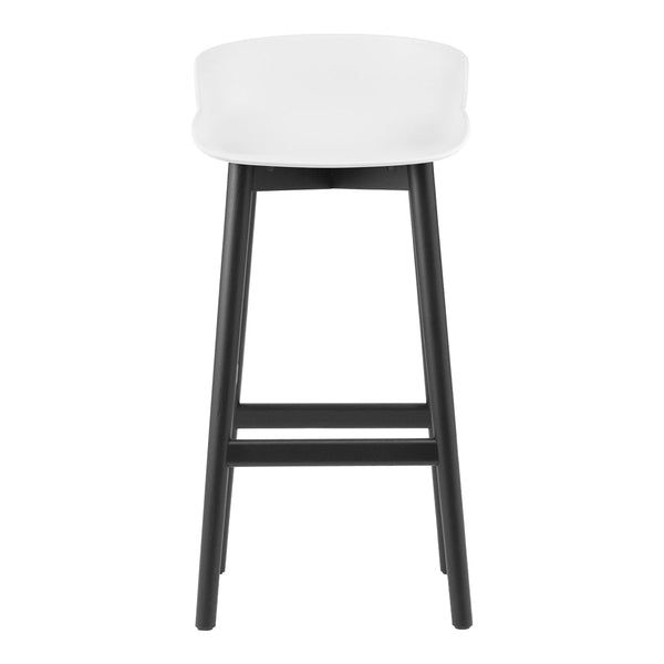 White cushioned bar stool with a sleek black wooden frame, showcasing a minimalist design. Perfect for modern interiors.