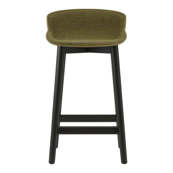 Olive green upholstered seat on a sleek black wooden bar stool, featuring simple, modern lines.