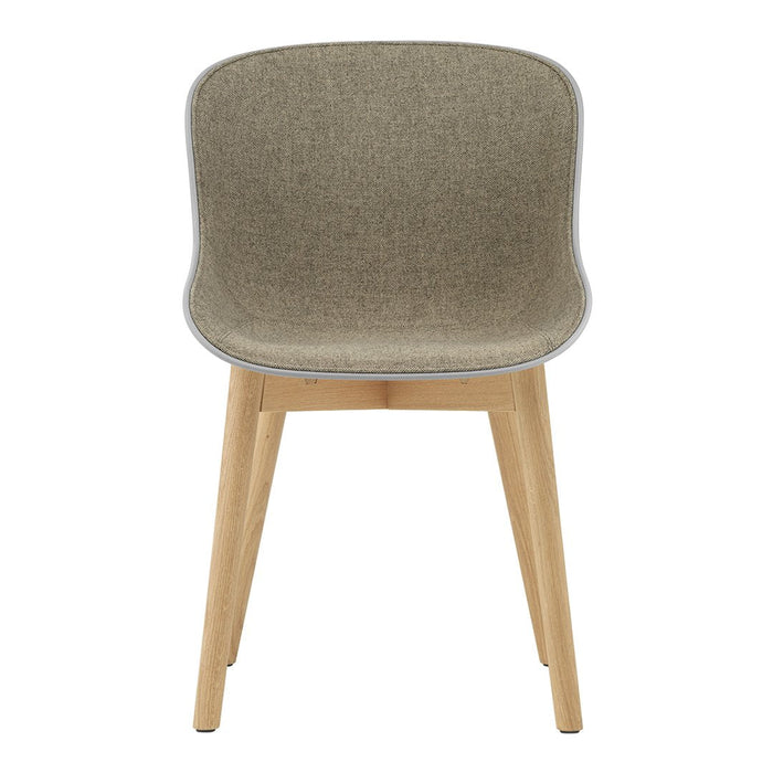 Neutral gray fabric chair with a smooth finish and natural wood legs, perfect for modern decor.