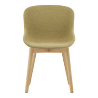 Green upholstered chair with a smooth texture and light wooden legs, perfect for modern decor.