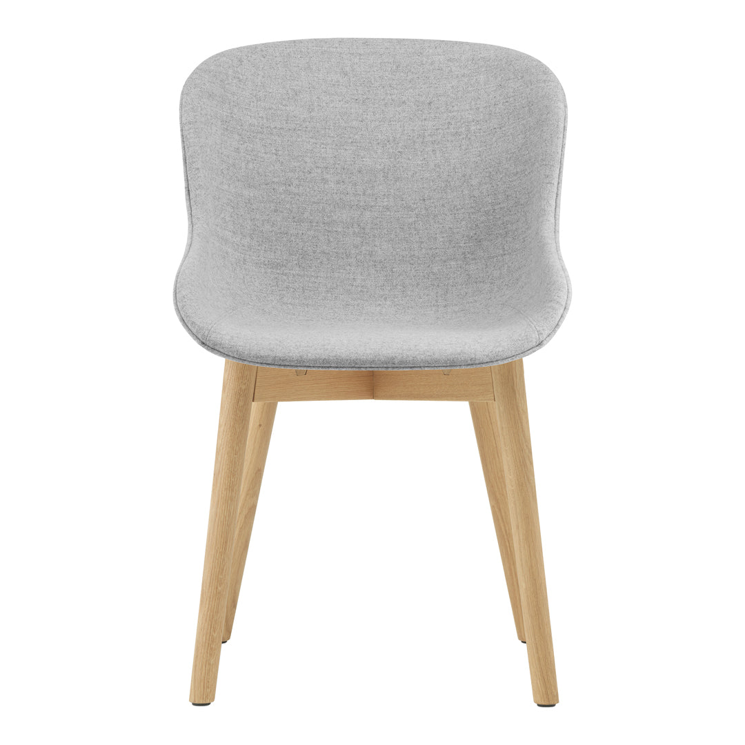 Light gray upholstered chair with smooth curves and natural wood legs, adding a minimalist touch to any space.