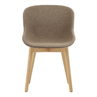 Brown upholstered chair with a smooth, curved back and natural wood legs. Perfect for modern decor.