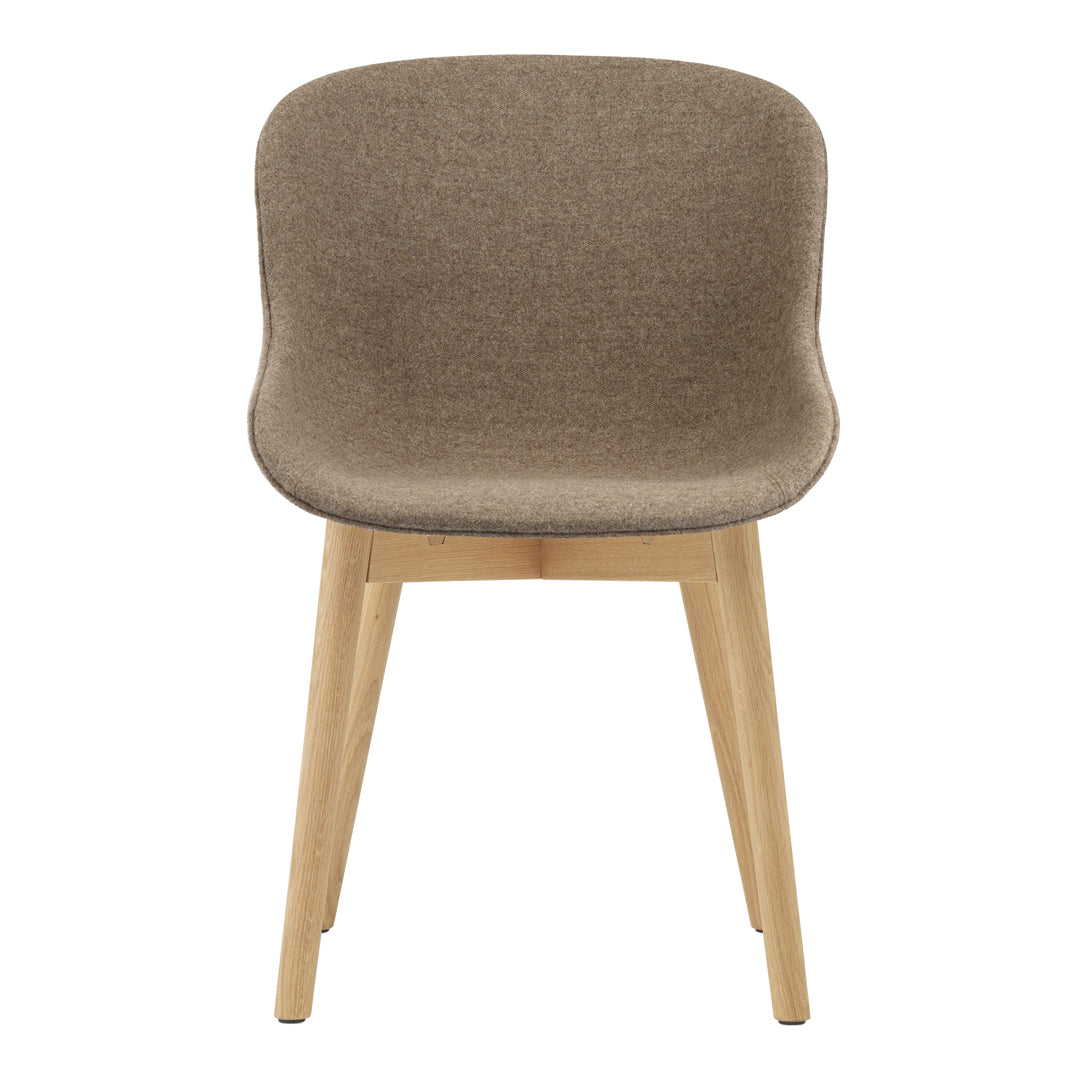 Brown upholstered chair with a smooth, curved back and natural wood legs. Perfect for modern decor.