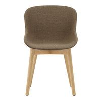 Brown upholstered chair with smooth curves and light wood legs, perfect for modern home decor.