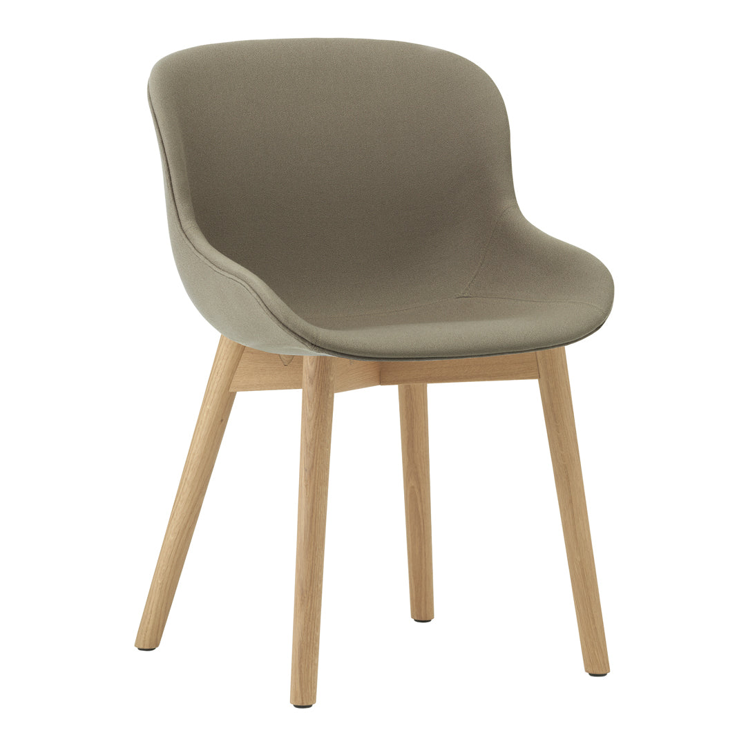 "Modern chair in soft taupe fabric with light wood legs, featuring a sleek, minimalist design."