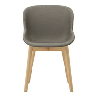 Gray upholstered chair with smooth, curved lines and natural wood legs, perfect for modern decor.