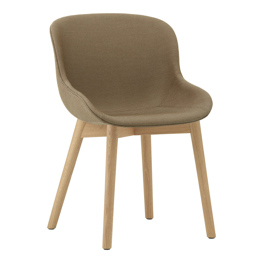 "Stylish brown upholstered chair with light wooden legs, featuring a smooth, modern design."