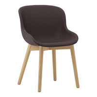 "Cozy dark brown upholstered chair with natural wooden legs, featuring a smooth, modern design."