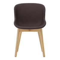 Dark brown upholstered chair with natural wood legs, featuring a simple, modern design and smooth curves.