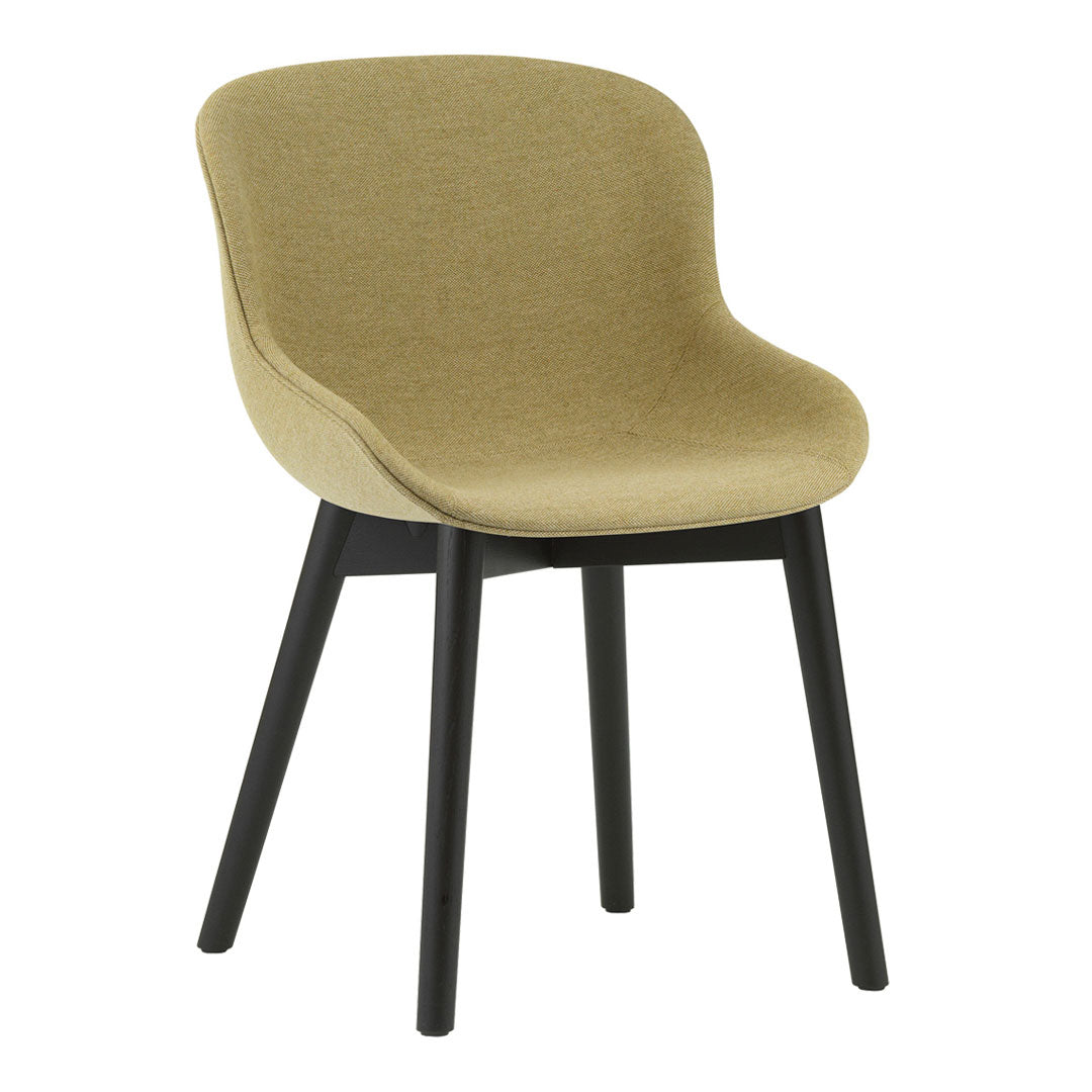 Stylish chair in muted olive green upholstery with sleek black wooden legs, perfect for modern decor.