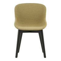 Olive green fabric chair with smooth, curved upholstery and sleek black wooden legs. Modern and minimalist design.
