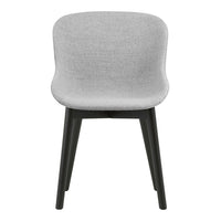 Light gray upholstered chair with a smooth finish and black wooden legs, featuring a modern, minimalist design.
