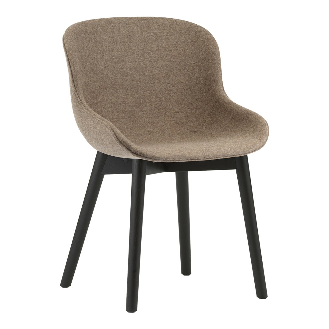 Brown upholstered chair with a sleek black wooden base, featuring a smooth, modern design. Ideal for contemporary spaces.