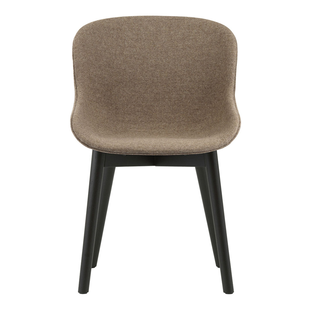 Brown fabric dining chair with a smooth texture and solid black legs, offering a modern and minimalist design.