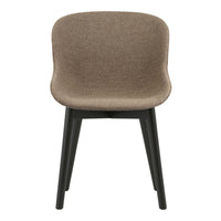 Brown fabric dining chair with a smooth texture and solid black legs, offering a modern and minimalist design.