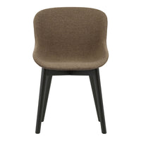 Brown upholstered chair with a smooth, curved backrest and black wooden legs. Modern, minimalist design.