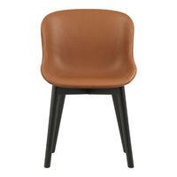 Brown leather chair with a smooth finish and black wooden legs, featuring a minimalist design.