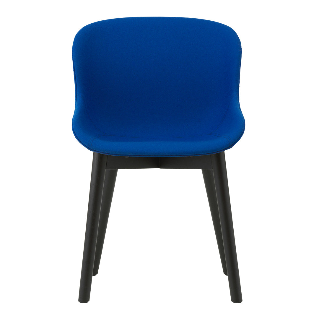 Vibrant blue upholstered chair with sleek black legs, featuring a smooth, modern design. Perfect for contemporary decor.