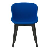 Vibrant blue upholstered chair with sleek black legs, featuring a smooth, modern design. Perfect for contemporary decor.