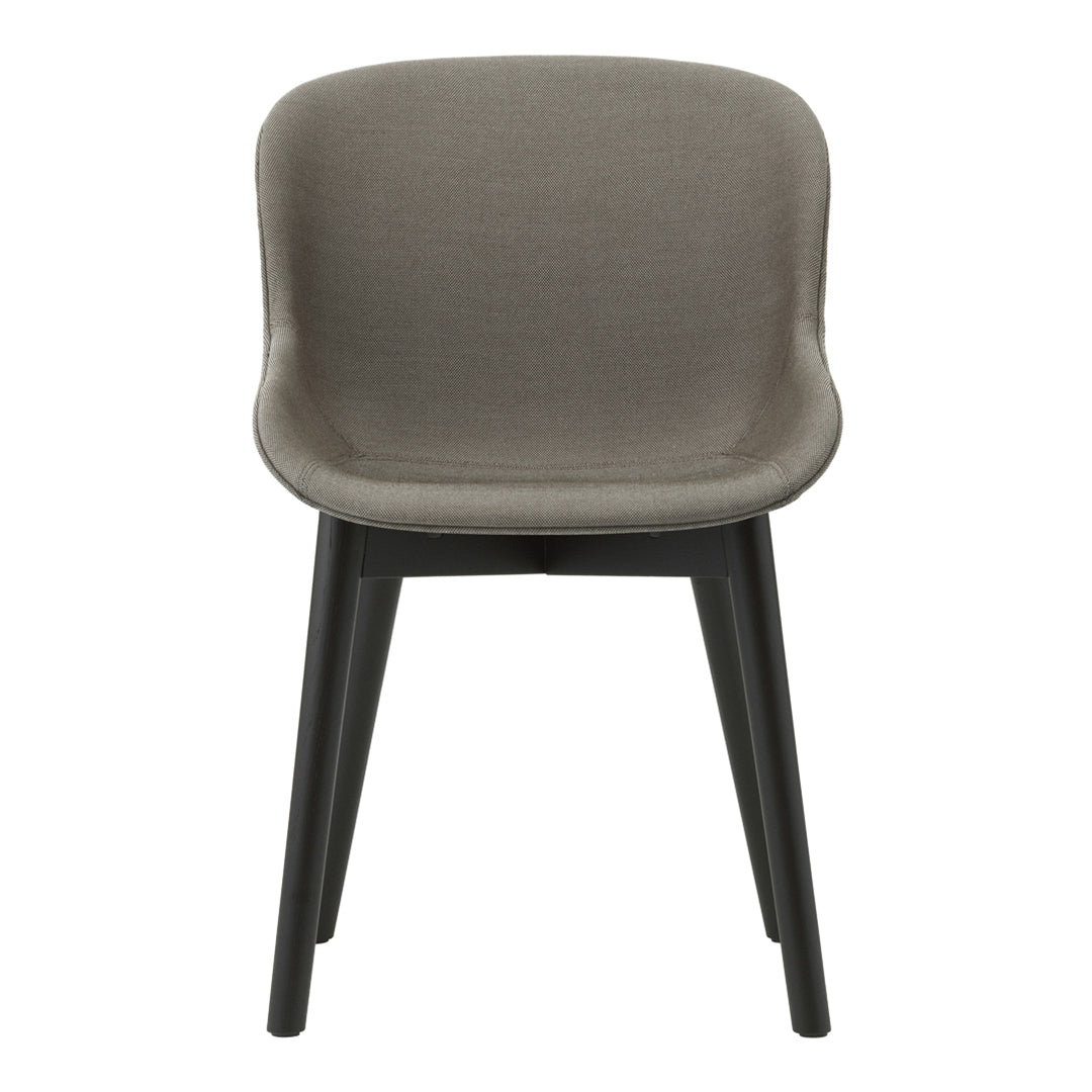 Gray upholstered chair with sleek black legs, featuring a minimalist design and smooth, contemporary lines.