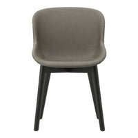 Gray upholstered chair with sleek black legs, featuring a minimalist design and smooth, contemporary lines.