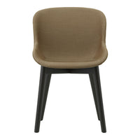 Brown upholstered chair with a smooth texture, featuring dark wood legs for a modern, minimalist design.