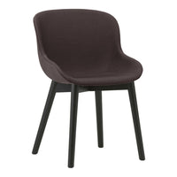 Dark brown upholstered chair with a sleek design and black wooden legs. Ideal for modern decor.