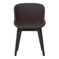 Stylish dark brown upholstered chair with smooth curves and sleek black wooden legs.