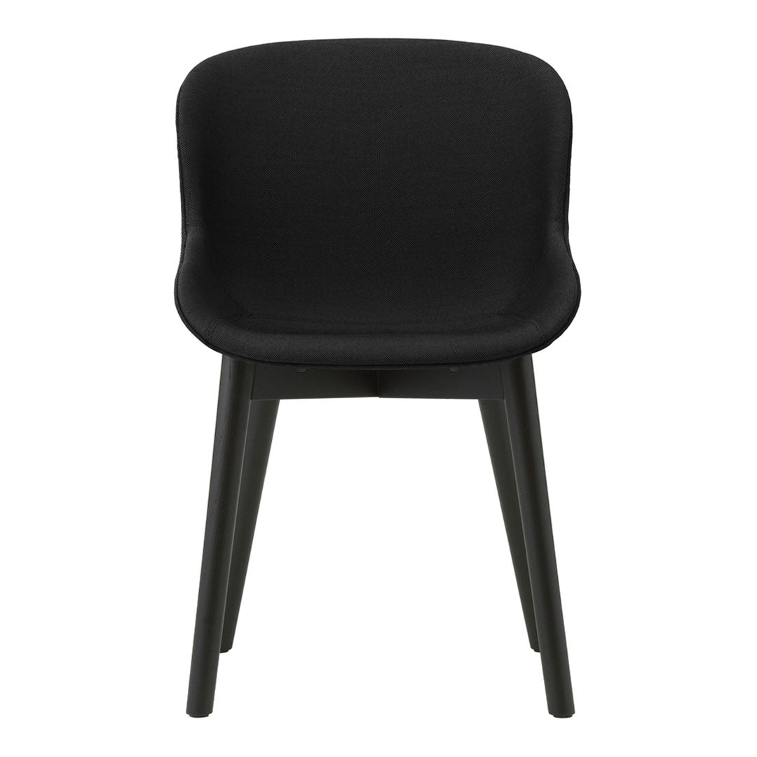 Black modern chair with a smooth, curved seat and sleek wooden legs. Stylish and minimalistic design for any space.
