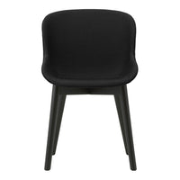 Black modern chair with a smooth, curved seat and sleek wooden legs. Stylish and minimalistic design for any space.