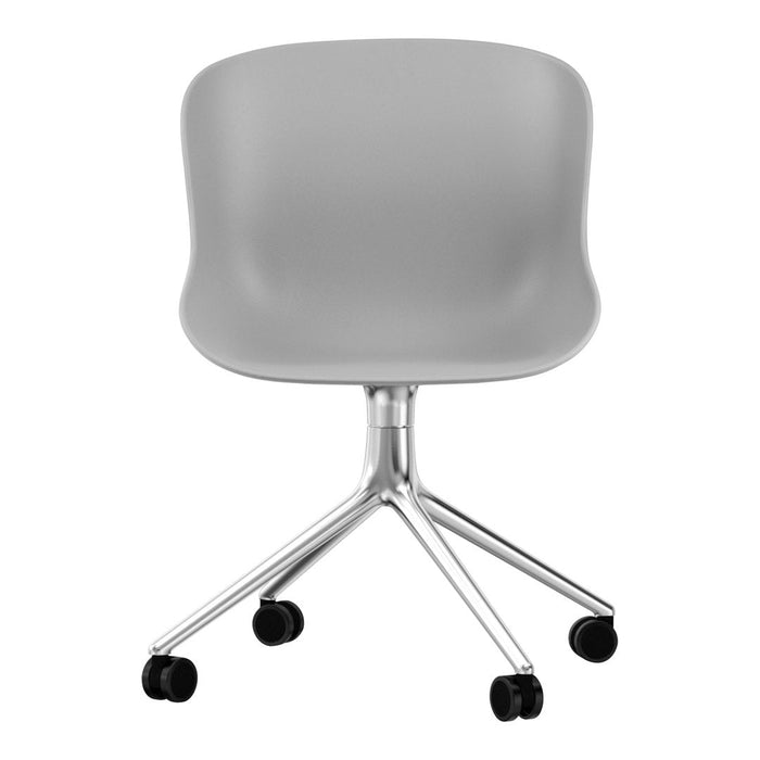 Gray modern chair with a smooth, contoured design and a sleek chrome base on rolling caster wheels.