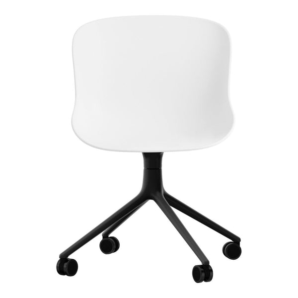 White ergonomic chair with a smooth surface and a sleek black base featuring five caster wheels. Perfect for modern decor.