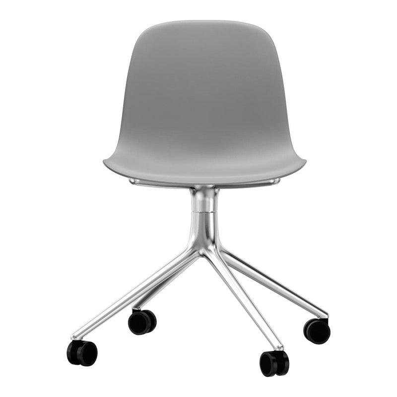 Gray modern swivel chair with a smooth finish and sleek chrome base, featuring five durable wheels for easy mobility.