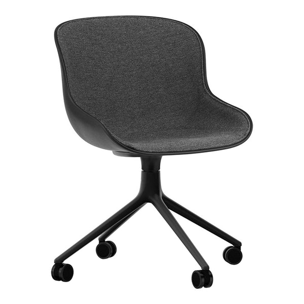 Gray upholstered chair with a sleek black base and contemporary wheel design, perfect for modern workspaces.