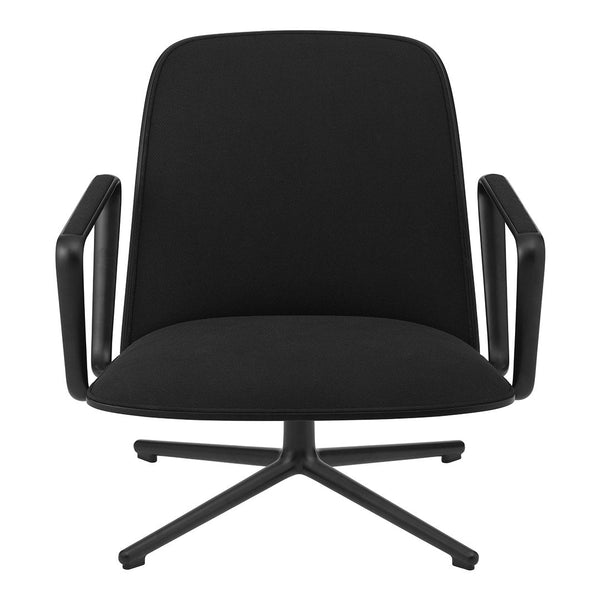 Black upholstered chair with a smooth, modern design and sleek, minimalist arms and base.
